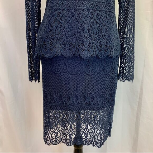 ADIVA Navy blue stretchy lace overlay long sleeve skirt blouse set size medium - Picture 7 of 14